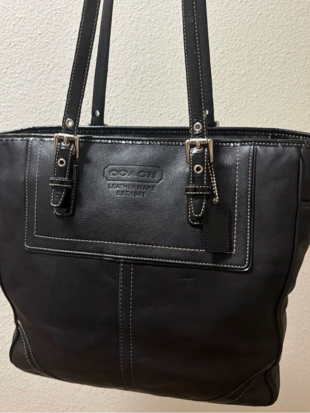 Coach Black Leather Tote with Contrast Stitching